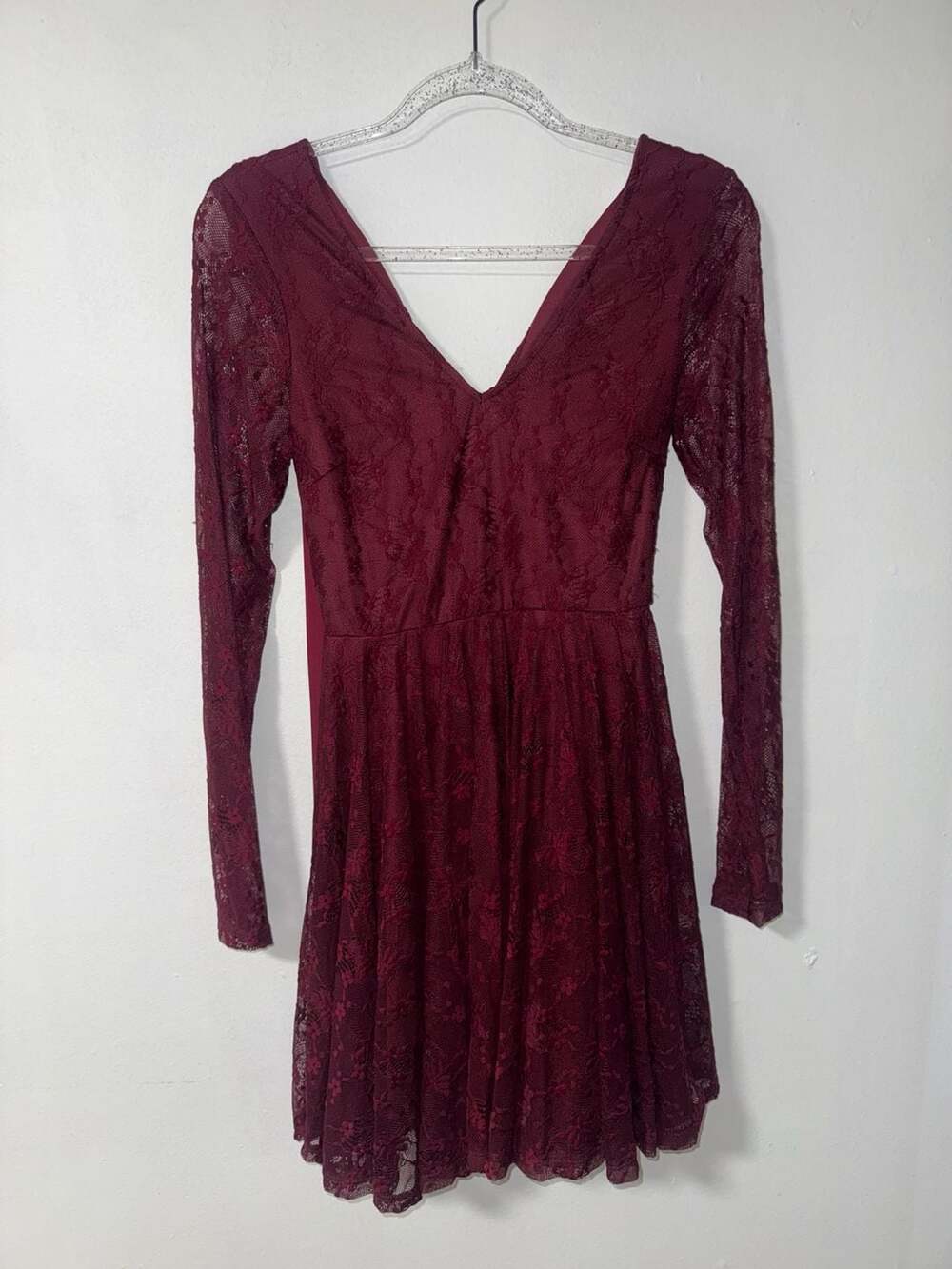 Altar'd State Burgundy Lace Long Sleeve Mini Dress with Bow Back Size S